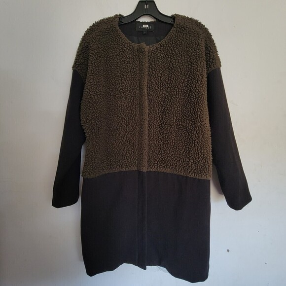 LAVEER Faux Shearling Black Green Colorblock Long Oversized Winter Coat Size 4 - Picture 1 of 13